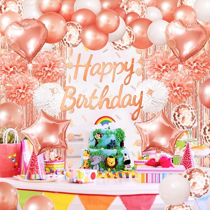ZERODECO Rose Gold Birthday Party Decorations, Happy Birthday Banner Rose Gold Fringe Curtain Paper Pompoms Foil Confetti Balloons for Women Girls Princess Party