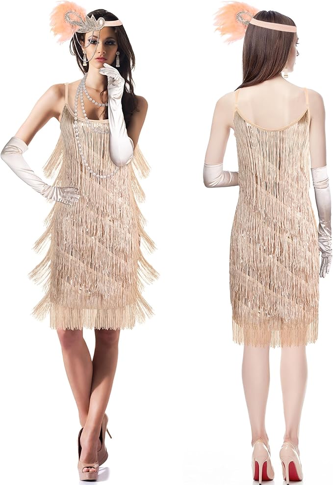 Zhanmai 6 Pcs Flapper Dress Flapper Costumes for Women 1920s Accessories Set Headband Pearl Necklace Earrings Gloves Stick