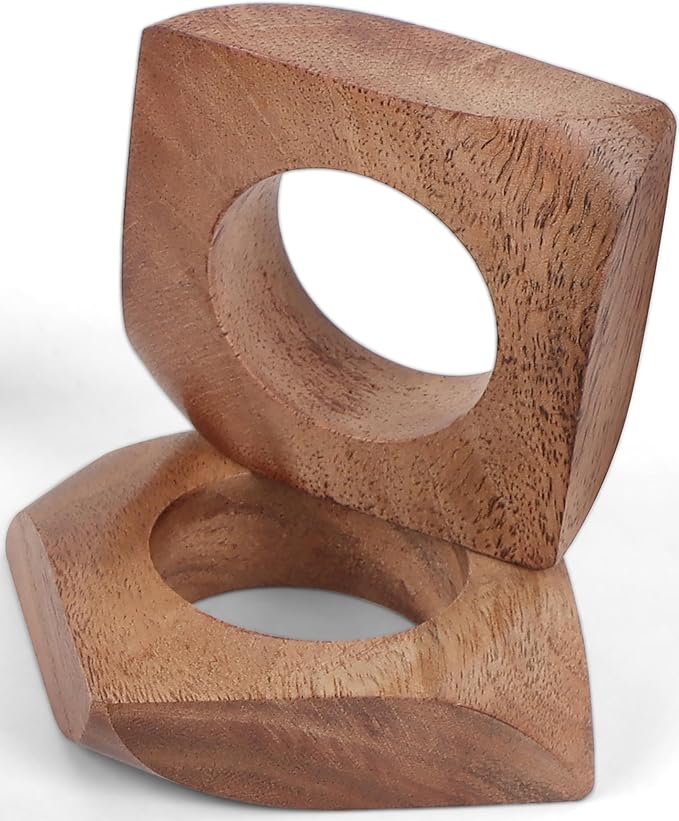 Wooden Napkin Rings Set of 12 Fall Decor for Home Square Acacia Wood Napkin Holders for Dining Table Settings Wood Napkin Ring Rustic Table Décor for Weddings, Parties, and Everyday Use - CLEENTABLE