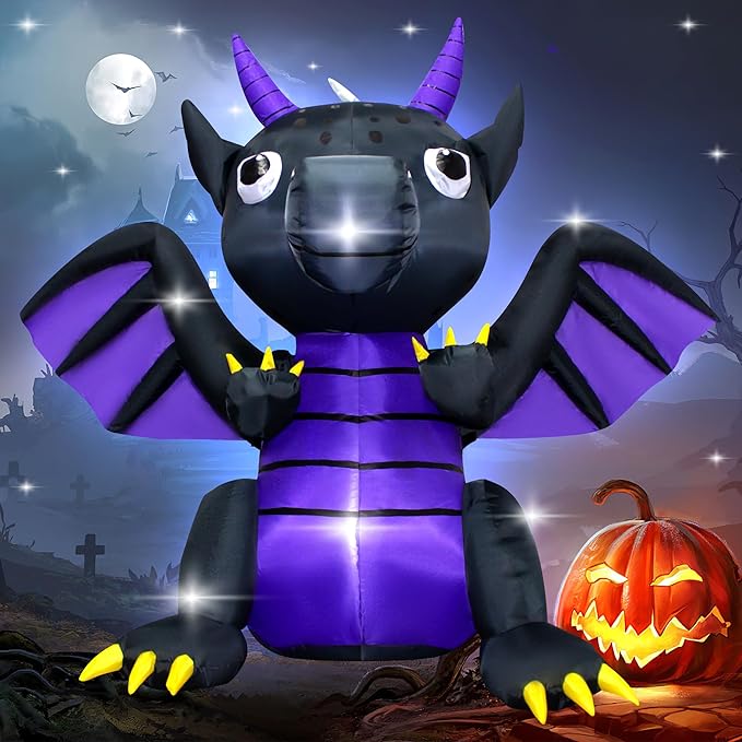 4FT Halloween Pterosaur Blow up Dinosaur Halloween Inflatable Black Purple Dragon Halloween Dragon Inflatable Decoration with LED Lights Outdoor Indoor Holiday Graden Yard Decor