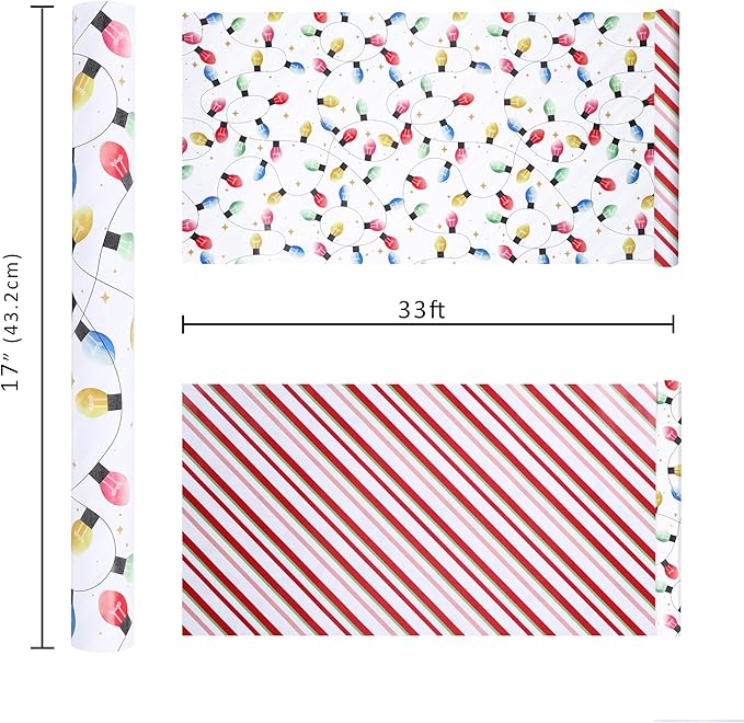 LaRibbons Reversible Vintage Christmas Wrapping Paper Roll, Classic Christmas Light & Stripe Gift Wrap for Holiday, Xmas Party Celebration, 17 Inch × 33 Feet