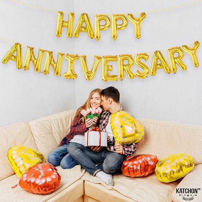 KatchOn, Gold Happy Anniversary Balloons Letters - Big, 16 Inch | Gold Happy Anniversary Decorations | Wedding anniversary Party Decorations | Wedding Love Party Celebrations