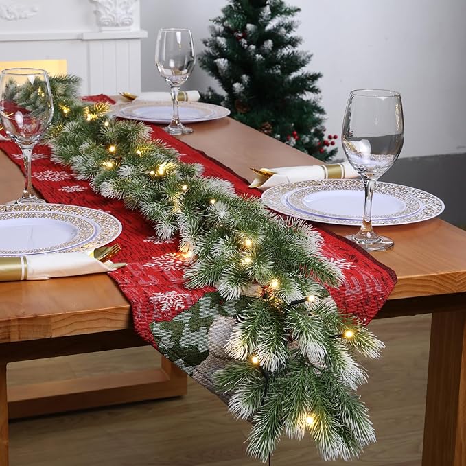 2 Pack Pre Lit Snow Flocked Christmas Garland 5.9 ft Artificial Christmas Garland with Warm White LED Light and Timer Frosted Faux Pine Winter Garland for Home Indoor Outdoor Mantel Seasonal Decor