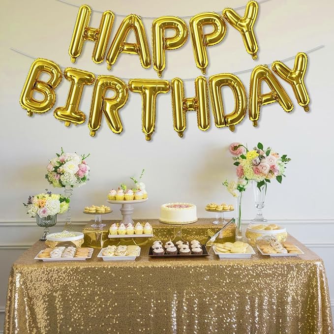 Gold Happy Birthday Mylar Foil Balloon Banner, 16 Inch Letter Balloons Bunting for Women, Men, Girls, Boys Birthday Party Decorations