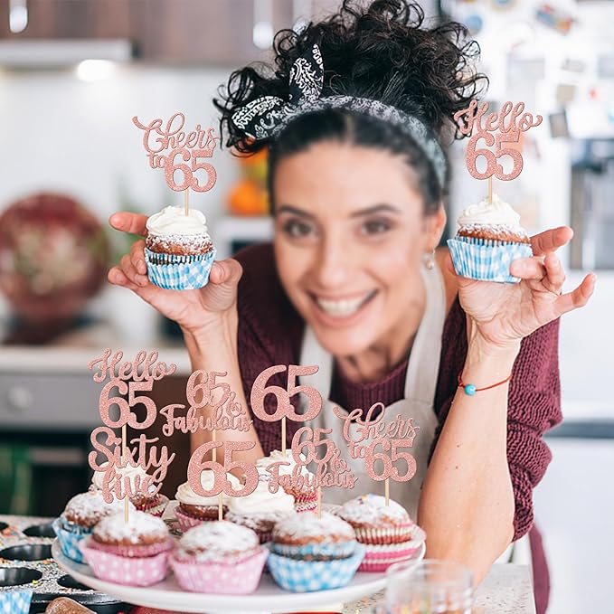 30PCS Happy 65th Birthday Cupcake Toppers Glitter Hello 65 Fabulous Sixty Five Cheers to 65 Years Old Birthday Cupcake Picks for Happy 65th Birthday Anniversary Party Cake Decor Supplies Rose Gold