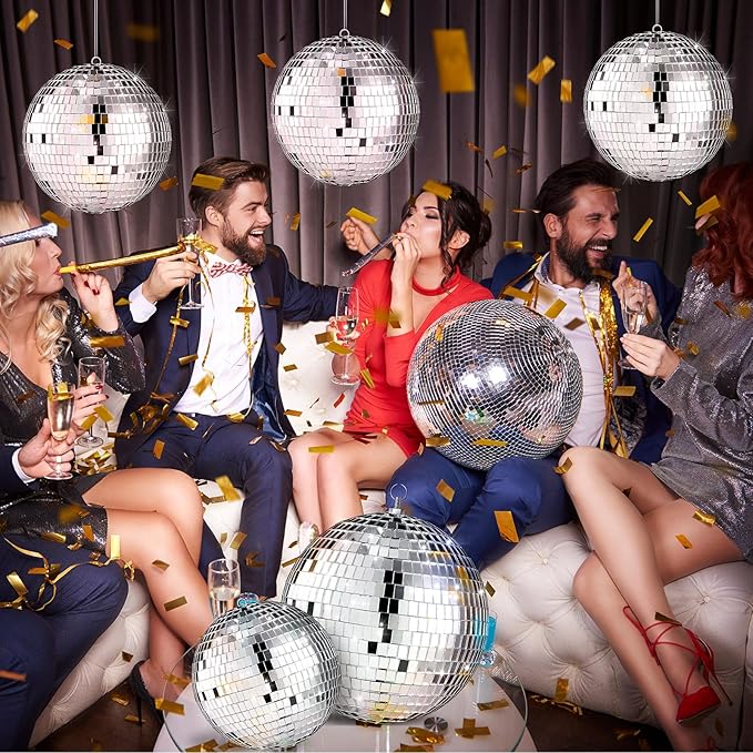Haull 8 Pcs Large Disco Ball Set Silver Mirror Disco Reflective Ball with Hanging Ring Party Ornament Decoration for Stage Club Ballroom Dance Hall Wedding Prom Props(8'', 6'')