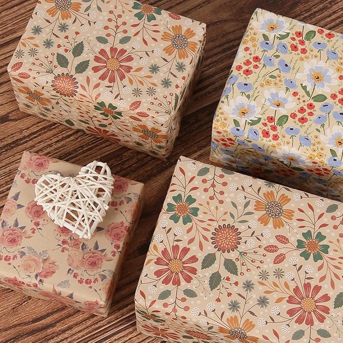 Aimyoo Kraft Floral Wrapping Paper Bundle, Vintage Spring Flowers Rose Gift Wrap Paper for Wedding Bridal Shower Birthday, 3 Rolls 17 in x 16 ft per Roll