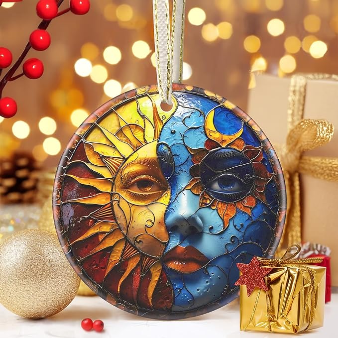 Sun and Moon Ceramic Christmas Ornament, 3.5 Inch Hanging Decor for Christmas Tree, Gift for Holiday Present Exchange