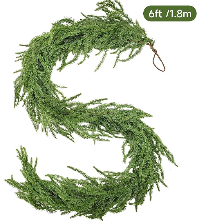 Norfolk Pine Garland Christmas Garland Set - 6FT Realistic Artificial Cedar Garland Christmas Greenery for Mantle, Staircase, Indoor/Outdoor Holiday Decor Lush Evergreen (1, 6 FT)