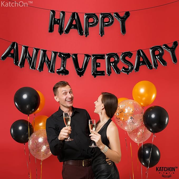 KatchOn, Happy Anniversary Balloons Black - 16 Inch | Black Happy Anniversary Banner Decorations | Backdrop | Balloon Banner