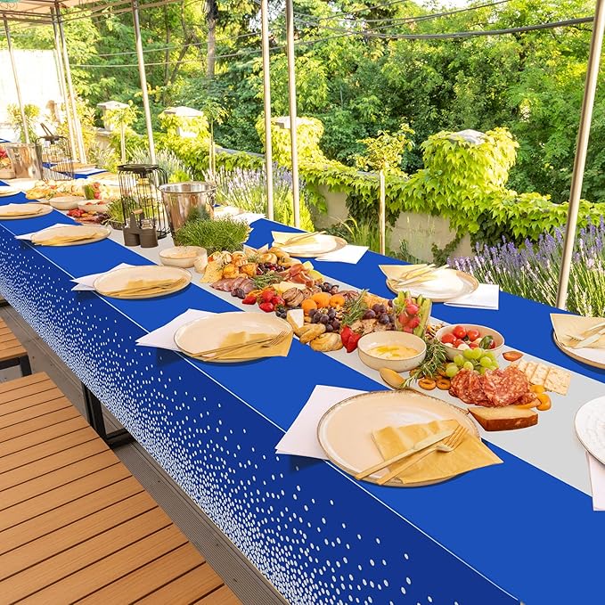 6Pcs Blue and Silver Tablecloth Party Decorations,Plastic Royal Blue Table Cloth Printed Silver Table Runner Disposable Rectangle Cover for Anniversary Wedding Graduation 2025 Party,54 x108 Inch