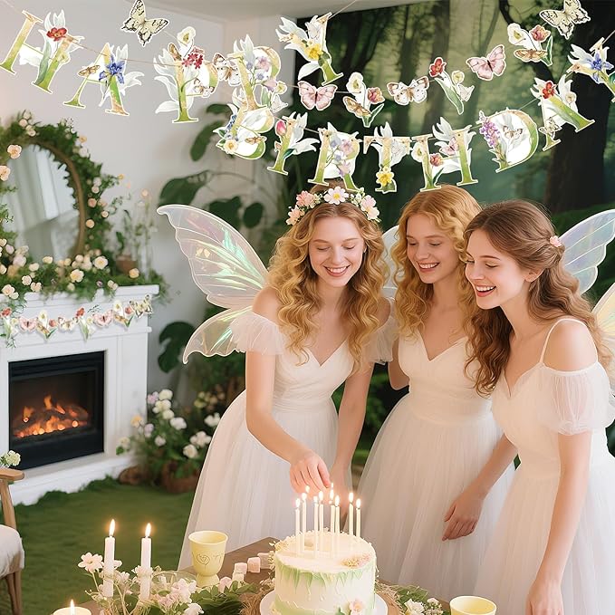 Sunbeauty Wildflower Butterfly Happy Birthday Banner Garden Party Decoration Floral Birthday Decorations for Women Girl Spring Summer Birthday Baby Shower Supplies | Pre-Strung