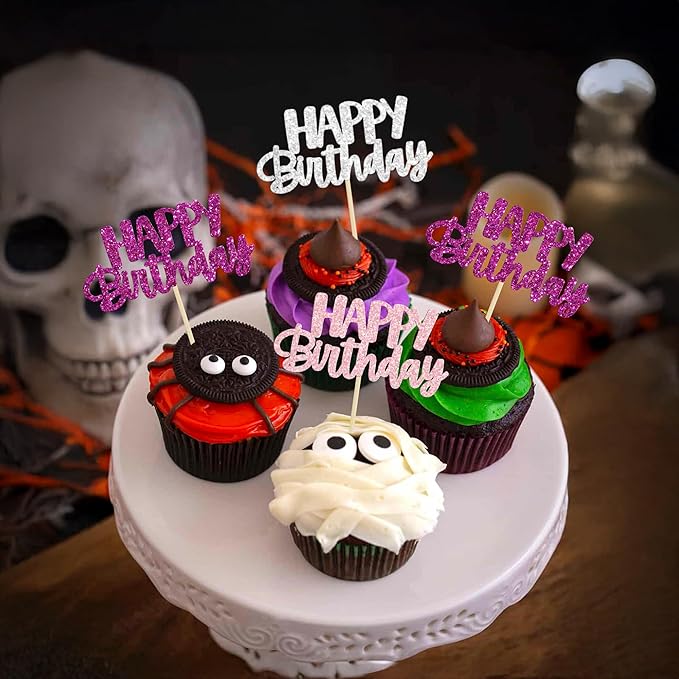 Gyufise 24Pcs Happy Birthday Cupcake Toppers Glitter Birthday Cupcake Food Picks for Celebrating Happy Hallowenn Theme Party Cake Decorations Supplies Purple White Silver