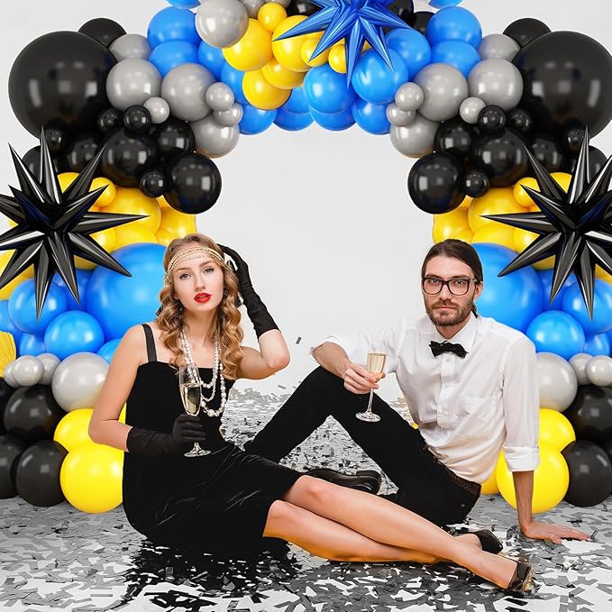 Blue Yellow Black Balloon Arch Kit,Royal Blue Grey Balloon Garland with Star Foil Balloons for Boys Birthday Graduation Decorations