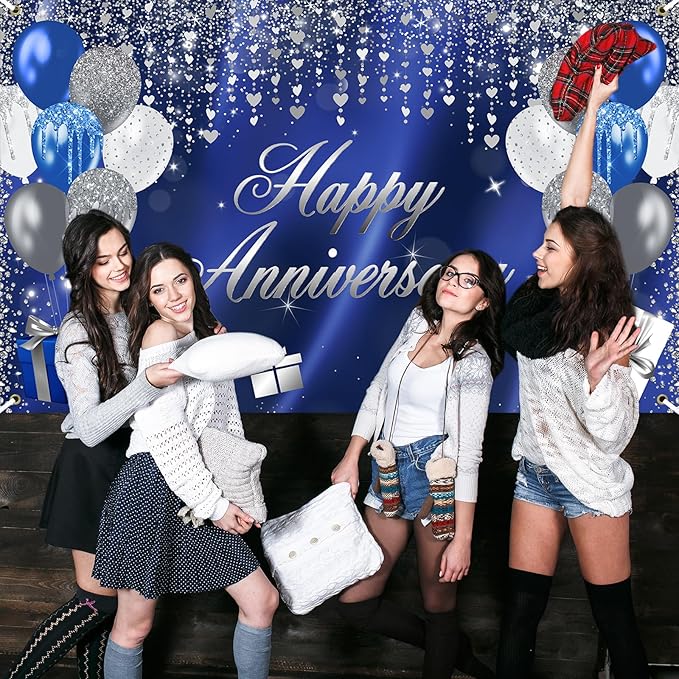Avezano Happy Anniversary Banner Glitter Happy Anniversary Decorations for Wedding Bridal Shower Party Decorations 70.8 x 43.3 Inch (Blue and Silver)