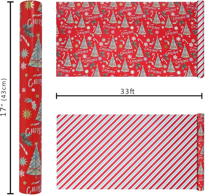 LaRibbons Reversible Christmas Wrapping Paper Roll, Classic Christmas Tree Design with Candy Canes & Snowflakes, Red Holiday Gift Wrap Paper for Xmas, Season Party Celebration, 17 Inch X 33 Feet