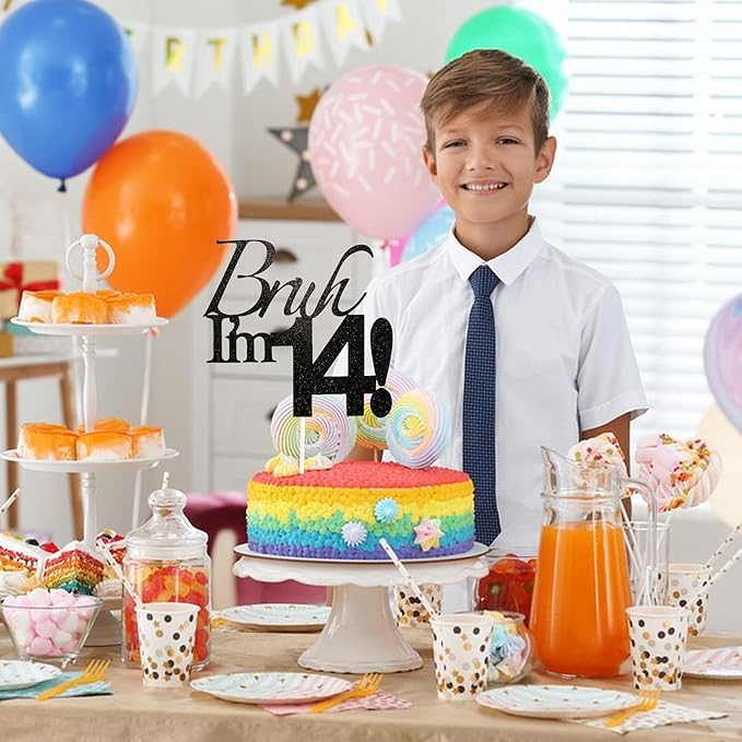 Bruh I'm 14 Cake Topper - Black Glitter Happy 14th Birthday Decorations for Boys Teens, Funny 14 Year Old Party Supplies, Bro I'm 14 Cake Decor (Bruh I'm 14!,14th)