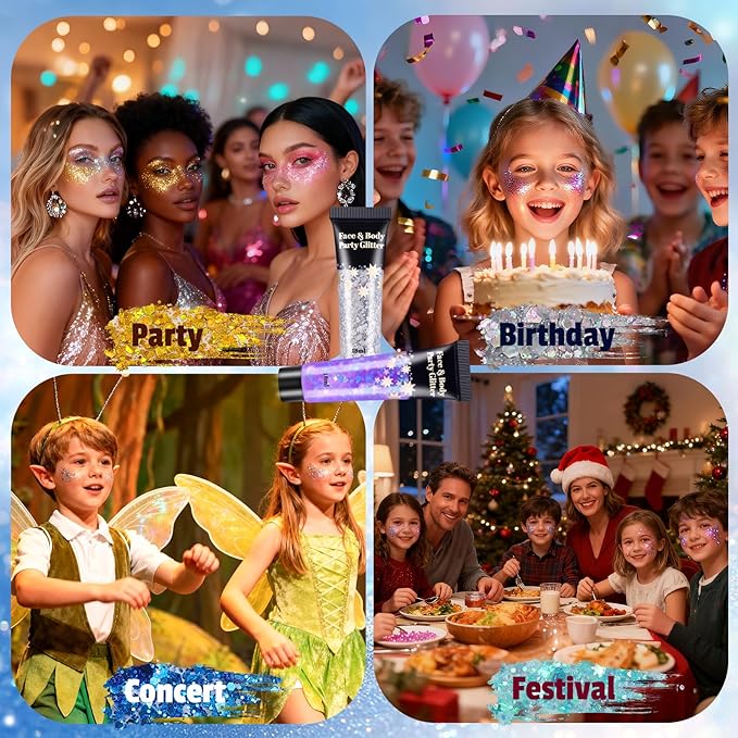 AROIC 14 Pcs Body Glitter - 7 Colors Mermaid Fairy Sparkle Makeup, Face & Hair Glitter Gel for Women Match with Mermaid Costume, Concerts Rave Accessories, Face Paint, Cosplay, Festival Birthday Party