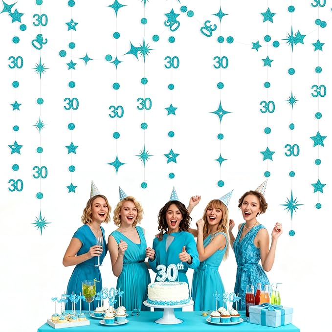 Teal Blue 30th Birthday Decorations Number 30 Circle Dot Star Garland Glitter Streamer Banner Backdrop for Women Men Dirty Thirty Cheers to 30 Years Old Birthday 30th Anniversary Party Supplies