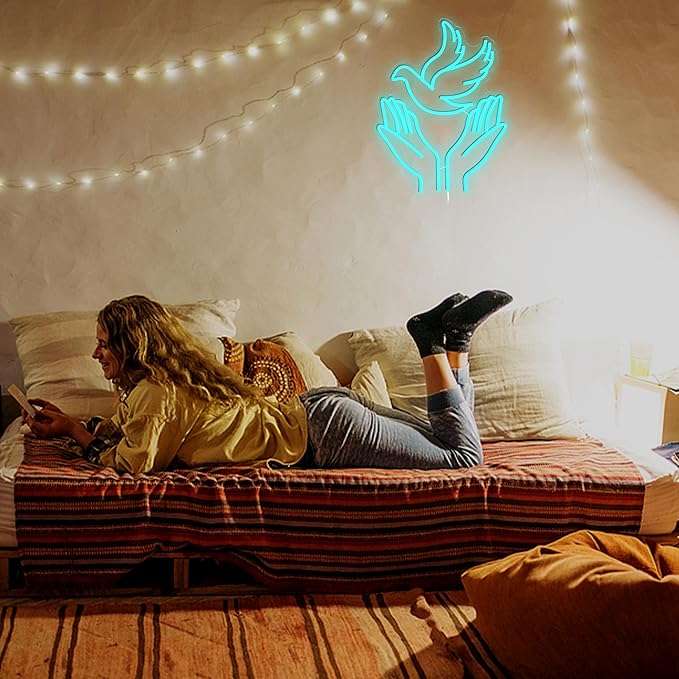 JLEWUINH Peace Dove Neon Sign for Wall Decor Flying Pigeon Neon Light Dimmable Jesus Light Up Sign God Hands Led Light Sign for Christian Church Easter Party Club (16.5 * 12.6 In)