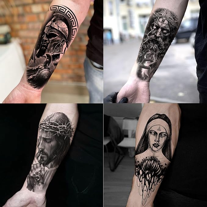 20 Sheets Black Gothic Full Arm Temporary Tattoos For Men Adults Thigh, Nun Girl Skull Skeleton Zeus God Jesus Christ Fake Sleeve Tattoos For Women, Scary Halloween Tattoo Stickers Demon Vampire