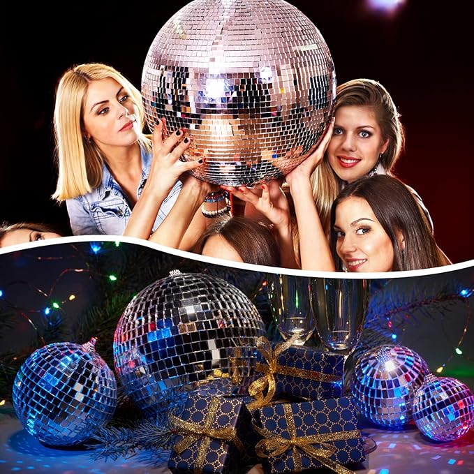 4 pack Large Disco Ball Silver Hanging Disco Balls Reflective Mirror Ball Ornament for Party Holiday Wedding Dance and Music Festivals Decor Club Stage Props (12 Inch, 8 Inch, 6 Inch, 4 Inch)