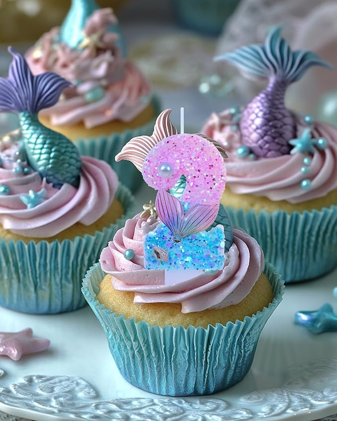Mermaid Themed Birthday Candles, Number 2 Girls Glitter Birthday Party Supplies,Anniversary Party Decor,2.87 inch Cake Topper Decorations (Mermaid Themed, Number 2)