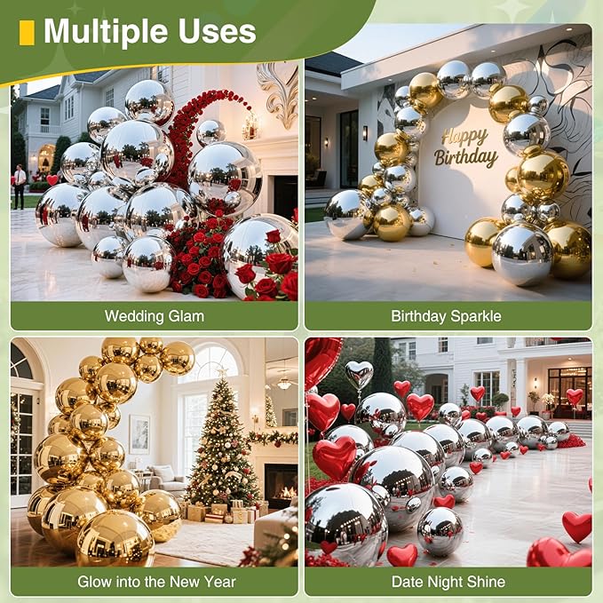 Silver 4PCS Inflatable Mirror Ball Set,Reusable PVC Mirror Balls Large Event Decoration Hanging&Standing Disco Ball with Electric Pump for Event,Wedding,Party Decor(Silver, 4Pcs+Pump)