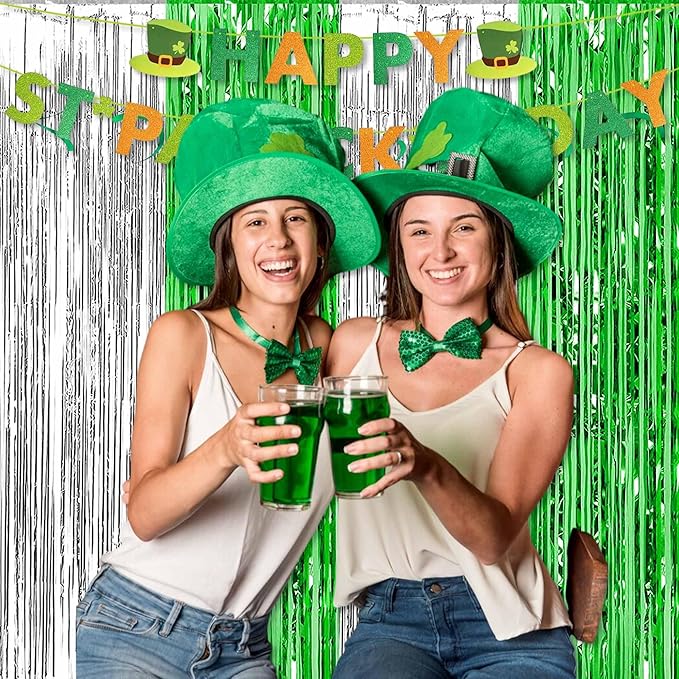 3 Pack Silver Green Foil Fringe Curtains Backdrop, 3.28 x 8.2 Ft Metallic Streamers Tinsel Curtains Background for Photo Booth, Birthday, Christmas, Halloween, New Year Party Decorations