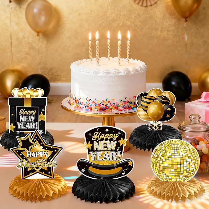 8 Pieces New Years Centerpieces, Gold and Black NYE Party Table Centerpieces for New Years Eve Party Supplies 2026