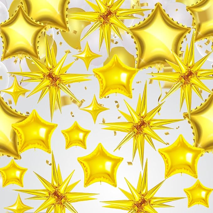22 Pcs Gold Star Balloons,22/18/10 Inch Star Foil Mylar Balloon,Spike Balloon and Four Pointed Balloons for Party Supplies Christmas Birthday Wedding Photo Booth (Gold)