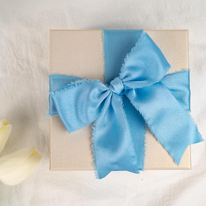 Satin Silk Ribbon, Light Blue Ribbon for Wrapping, 1-1/2 inch x 15 Yd Handmade Frayed Fringe Ribbons, for Wedding Engagement Birthday Shower Craft Flower Bouquet Invitation Decor, 3 Rolls