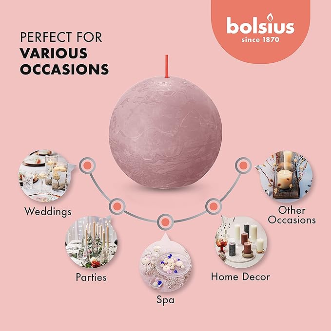 BOLSIUS 3 Pack Ash Rose Rustic Ball Pillar Candles - 3 Inch - Premium European Quality - Includes Natural Plant-Based Wax - Unscented Dripless Smokeless 25 Hour Party Décor and Wedding Candles
