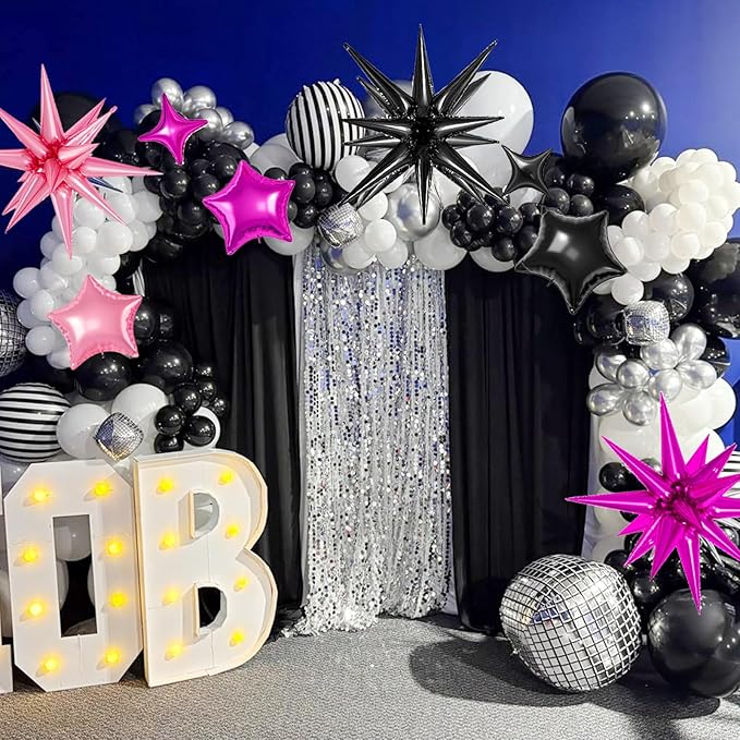21 Pcs Star Balloons,22/18/10 Inch Star Foil Mylar Balloon,Spike Balloon and Four Pointed Balloons for Party Supplies Christmas Birthday Wedding Photo Booth (Black Pink Hot Pink)
