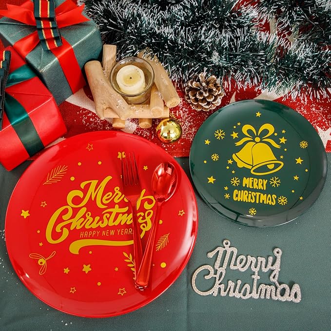 WDF 175pcs Christmas Plates Plastic Disposable - 25Green Plates 25Red Plates with Gold Bells, 75Red Plastic Silverware, 25Clear Cups Red Rim and 25Christmas Tree Napkins for Parties