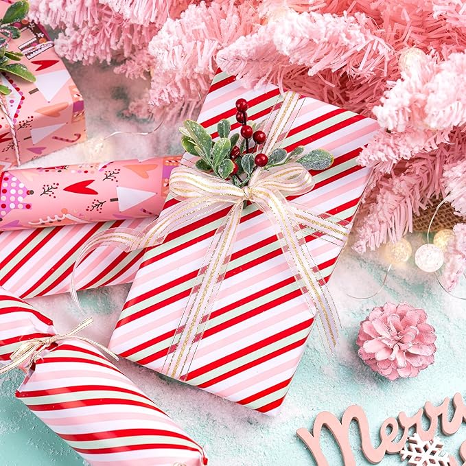 WRAPAHOLIC Reversible Christmas Wrapping Paper - Mini Roll - 17 Inch x 33 Feet - House with Christmas Tree and Candy Cane Wrapping Paper for Holiday, Party Celebration