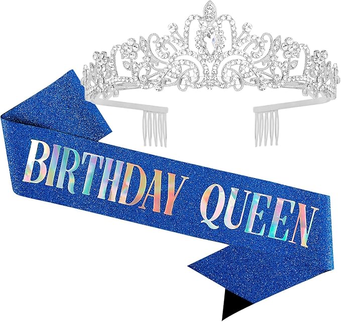 Velscrun Happy Birthday Queen Silver Tiara Crowns for Women, Blue Sash, Party Favors & Decorations