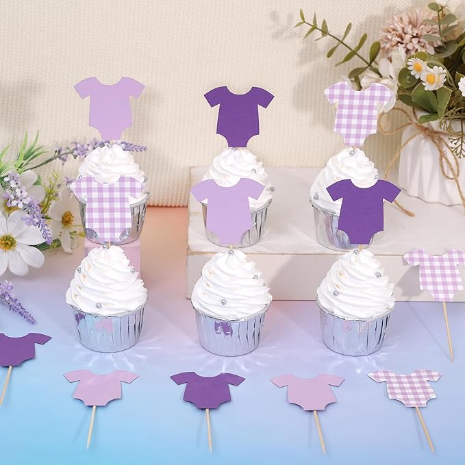 Purple Bodysuit Cupcake Topper - Baby Shower Decoration Purple Gingham Cake Topper,Baby Shower Bunting (purple-topper)