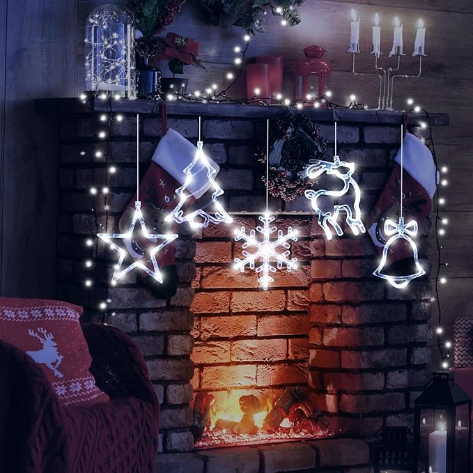 5Pack Christmas Window Lights Decorations with Timer,Battery Powered Christmas Hanging White Lighted Snowflake Tree Star Deer Bells Shaped LED Sucker for Xmas Fireplace Window Indoor Decor