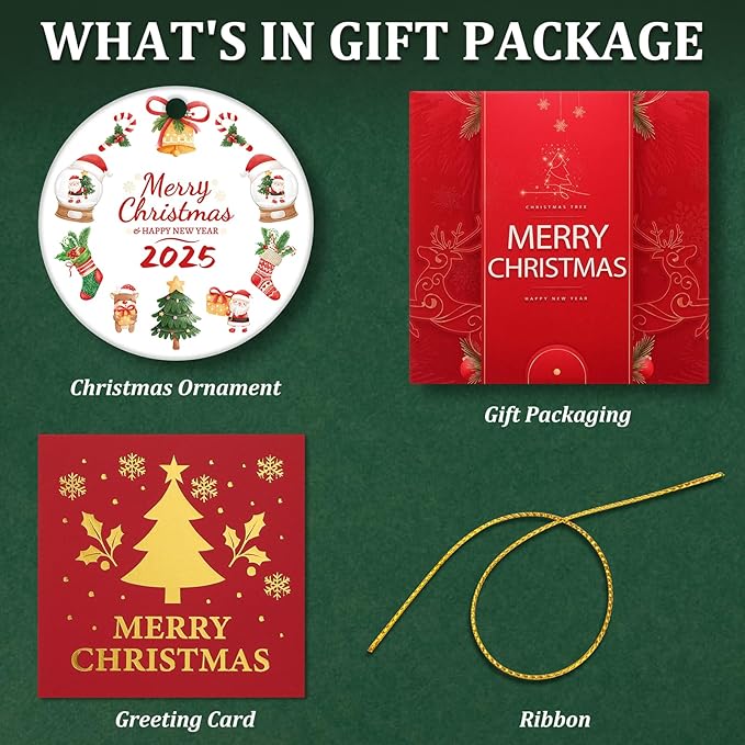 Christmas Ornaments 2025 – 3 Inch Round Tree Decoration Ornaments, Double-Sided Holiday Keepsake Gift for Family, Friends & Couples | Merry Christmas & Happy New Year Ceramic Ornament with Gift Box.