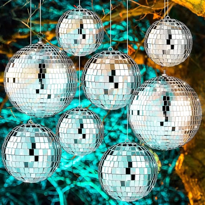 Haull 8 Pcs Large Disco Ball Set Silver Mirror Disco Reflective Ball with Hanging Ring Party Ornament Decoration for Stage Club Ballroom Dance Hall Wedding Prom Props(3'', 4'', 6'')