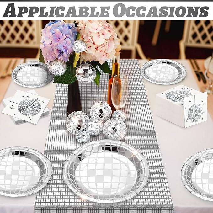 121 Pcs 70s 80s Disco Ball Christmas Party Decorations Disposable Paper Plates Napkins Cups Bachelorette Silver Balls Tableware Set for Wedding Cocktail Birthday Dancing Queen Party(Silver)