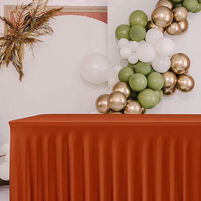 HolidayIdeas 4 Pack Spandex Table Skirt for 8 Foot Rectangle Table, Bulk Fitted Stretch 30x96 Inch Cover for Trade Shows, Buffet Parties, Rust