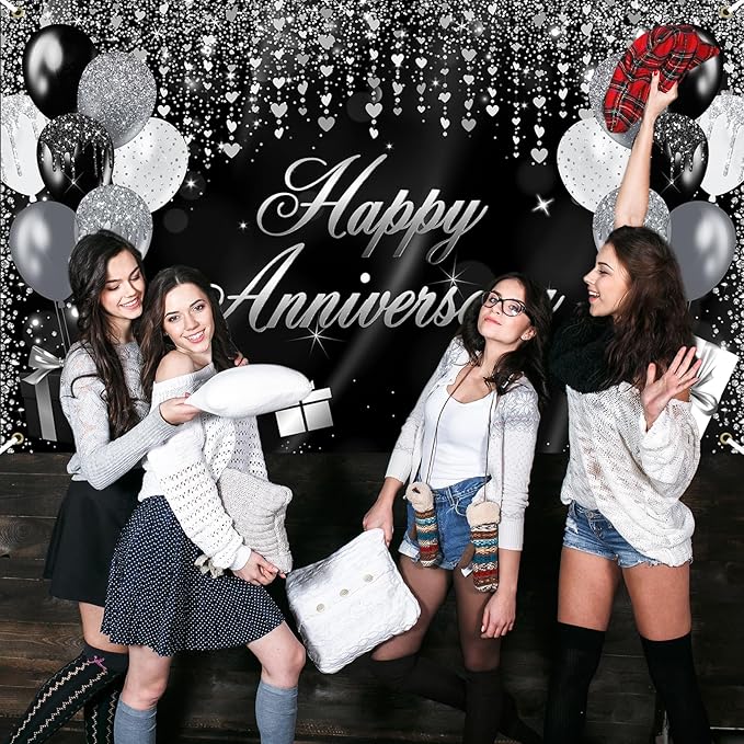 Avezano Happy Anniversary Banner Glitter Happy Anniversary Decorations for Wedding Bridal Shower Party Decorations 70.8 x 43.3 Inch (Black and Silver)