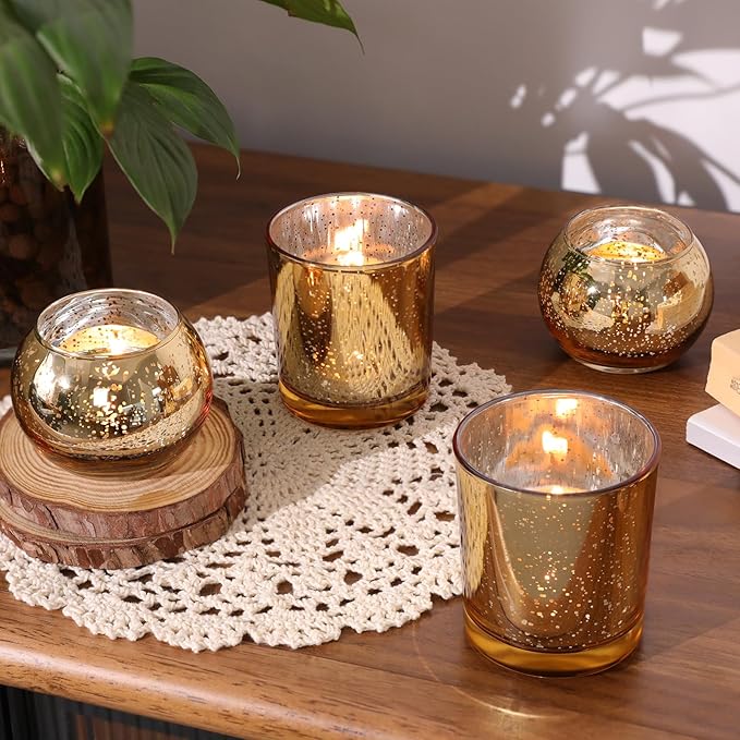 Volens 30pcs Assorted Gold Votive Candle Holders Bulk, Large Gold Wedding Centerpieces for Tables, Mercury Glass Votive & Tealight Candle Holders for Party Decorations and Home Decor