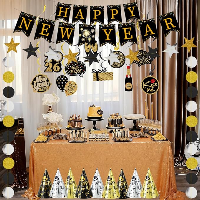 2026 New Years Decorations 75PCS New Year’s Eve Party Supplies Including Glasses, Cone Hats, Headband Tiaras, Banner, Horns, Necklaces for Party Decor Favor