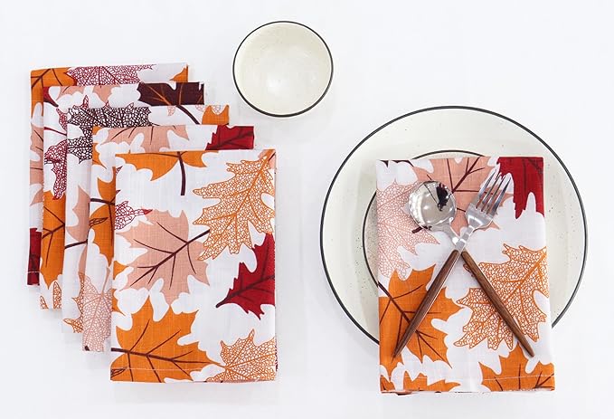 PurpleEssences Fall Harvest Decor Thanksgiving Napkins, 18x18 Fall Cloth Napkins Set of 6, 100% Cotton Autumn Fall Leaves Dinner Napkins for Farmhouse Kitchen, Maple Leaves