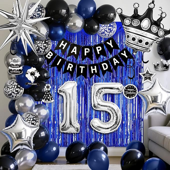 15th Birthday Decorations for Boys and Girls, Black Blue Silver Happy Birthday Number 15 Balloons, Banner, Fringe Curtains Garland Kit - 15 Year Old Party Supplies