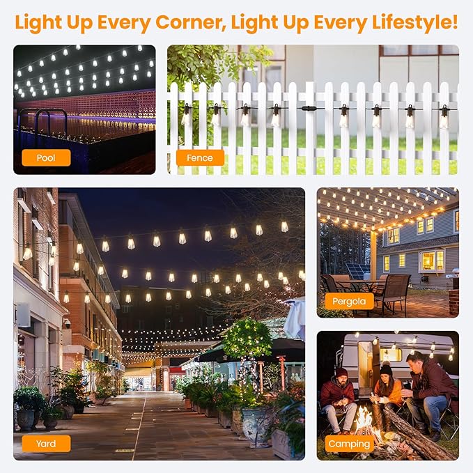 Kawaya Outdoor String Lights for Patio - ST38 Outside IP64 Waterproof Hanging Light with 2700k~6000k Dimmable - 100FT Led Edison Lights for Cafe Bistro Yard Gazebo Porch