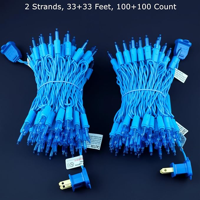 200 Blue LED Christmas Lights with Blue Wire, Pack of 2 Sets 33 ft 100 Count UL Certified Commercial Grade String Light (Blue)